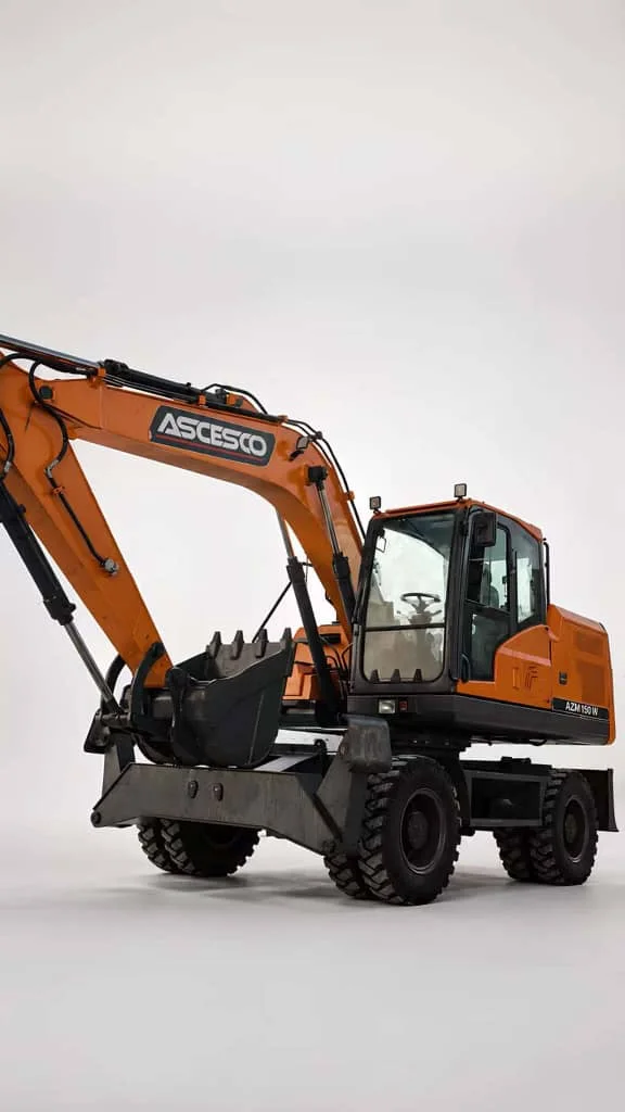 Three-quarter view of the ASCESCO AZM-150W wheel excavator